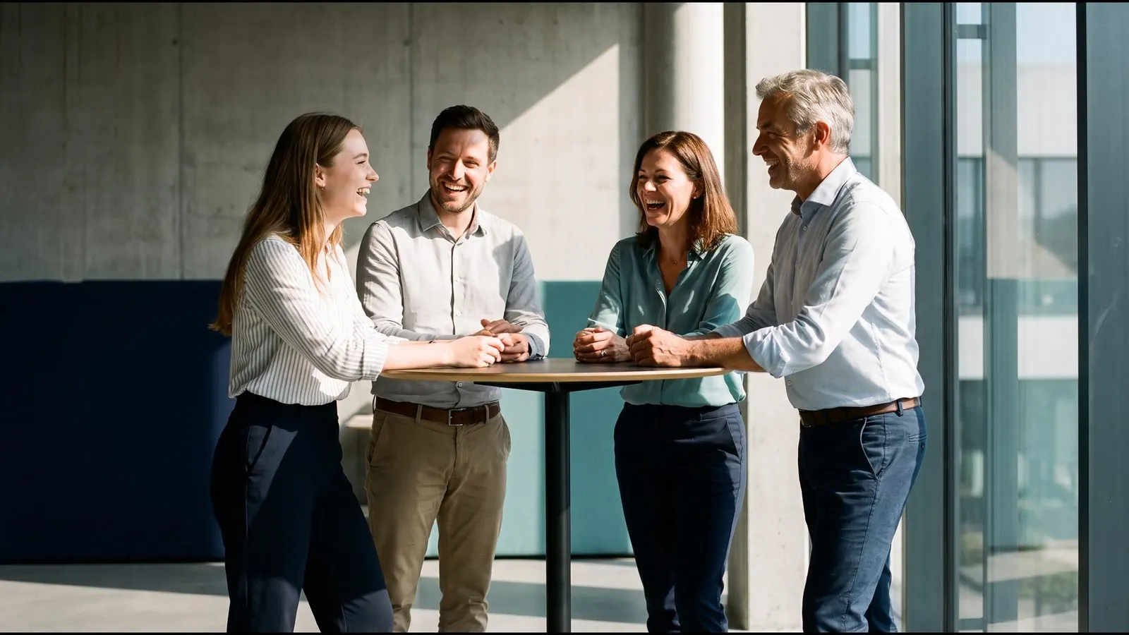 Gemischtes Team aus jüngeren und erfahrenen Kollegen lacht gemeinsam im Büro