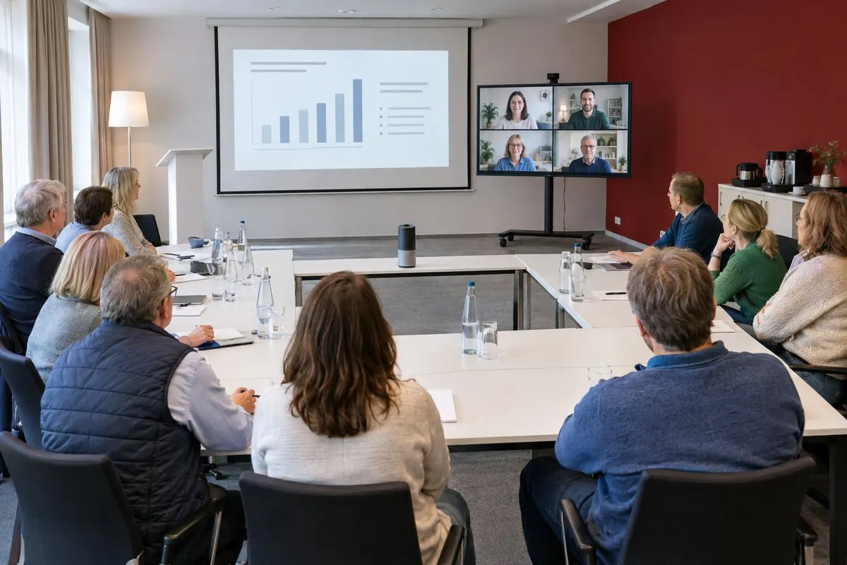 Hybride Eigentümerversammlung in einem kleinen Tagungsraum mit roter Akzentwand: Tische in U-Form, 360-Grad-Konferenzkamera, Leinwand und zugeschaltete Teilnehmer