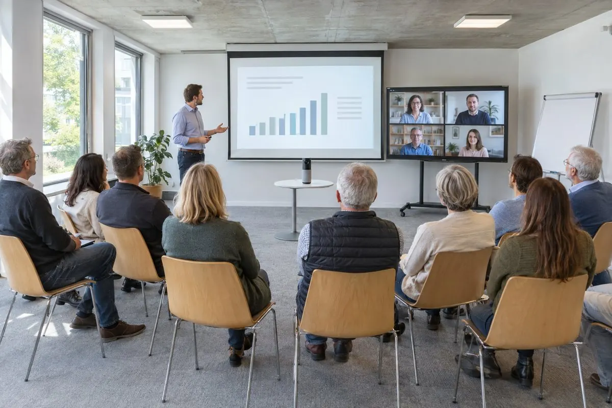 Hybride Eigentümerversammlung: Runde vor der Beamer-Leinwand, 360-Grad-Konferenzkamera und zugeschaltete Teilnehmer auf dem Bildschirm