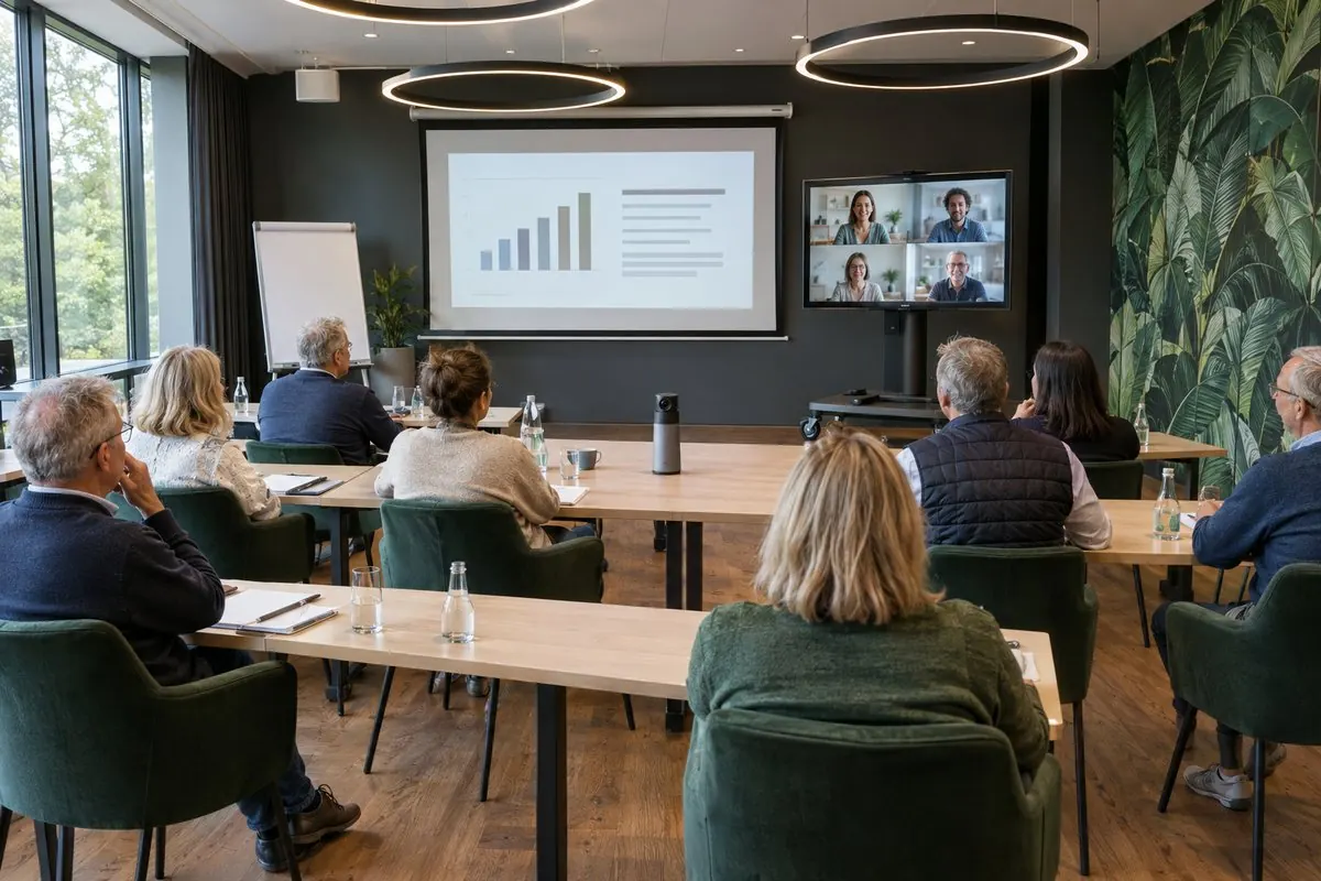 Hybride Eigentümerversammlung in einem modernen Konferenzraum: grüne Sessel, Beamer-Leinwand, 360-Grad-Konferenzkamera und zugeschaltete Teilnehmer