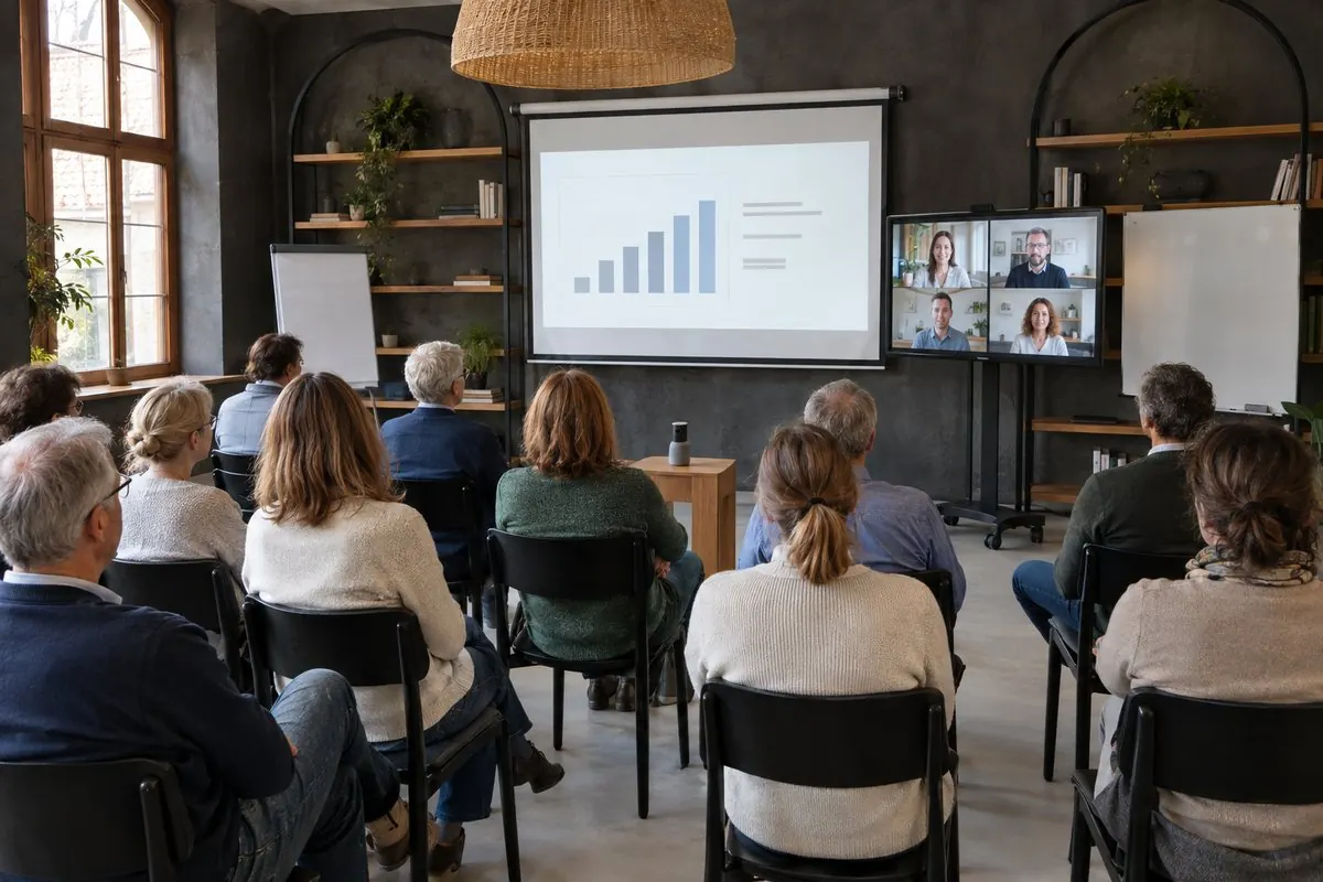 Hybride Eigentümerversammlung in einem Workspace mit Stahlregalen: Stuhlreihen, 360-Grad-Konferenzkamera, Leinwand und zugeschaltete Teilnehmer