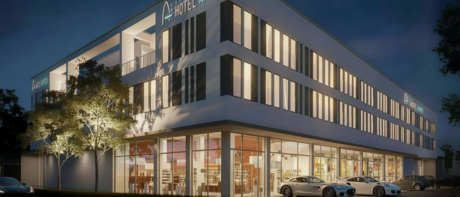 Außenansicht des Hotel Amper in Germering am Abend