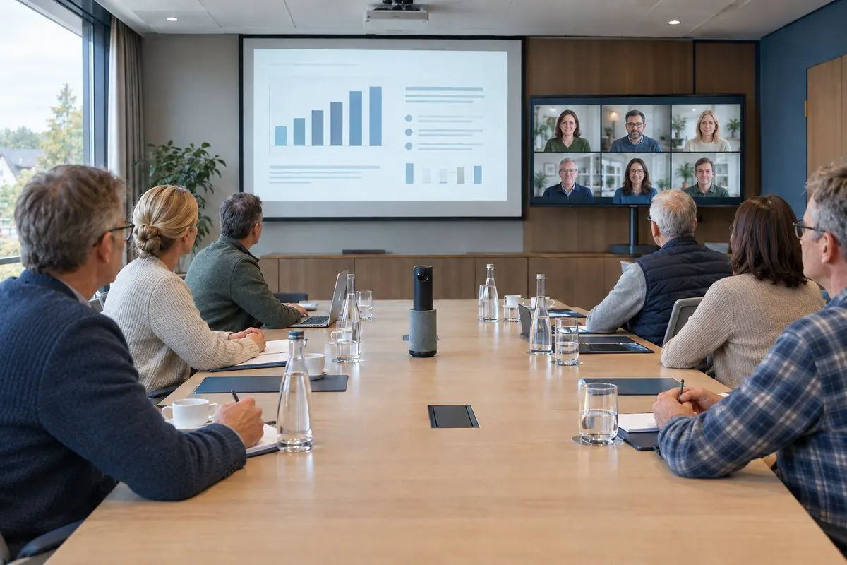 Hybride Eigentümerversammlung: 360-Grad-Konferenzkamera auf dem Tisch, Beamer-Präsentation und zugeschaltete Teilnehmer auf dem Bildschirm