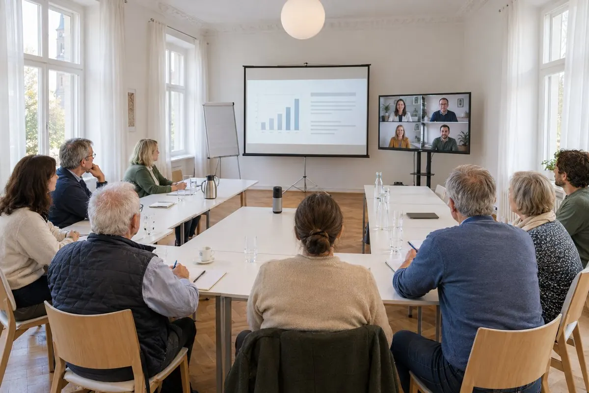 Hybride Eigentümerversammlung in einem hellen Villenraum: Tische in U-Form, 360-Grad-Konferenzkamera, Beamer-Leinwand und zugeschaltete Teilnehmer