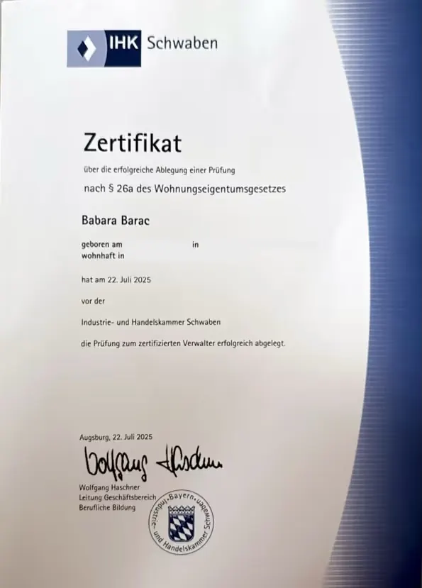 Zertifikat nach § 26a WEG, Barbara Barac