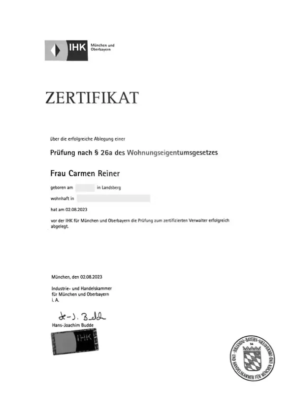 Zertifikat nach § 26a WEG, Carmen Reiner