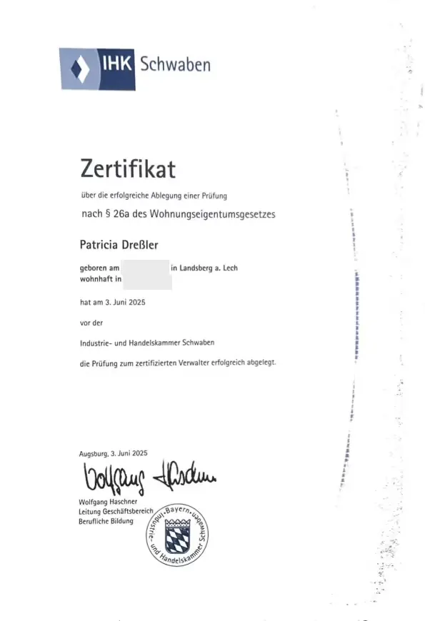 Zertifikat nach § 26a WEG, Patricia Dreßler